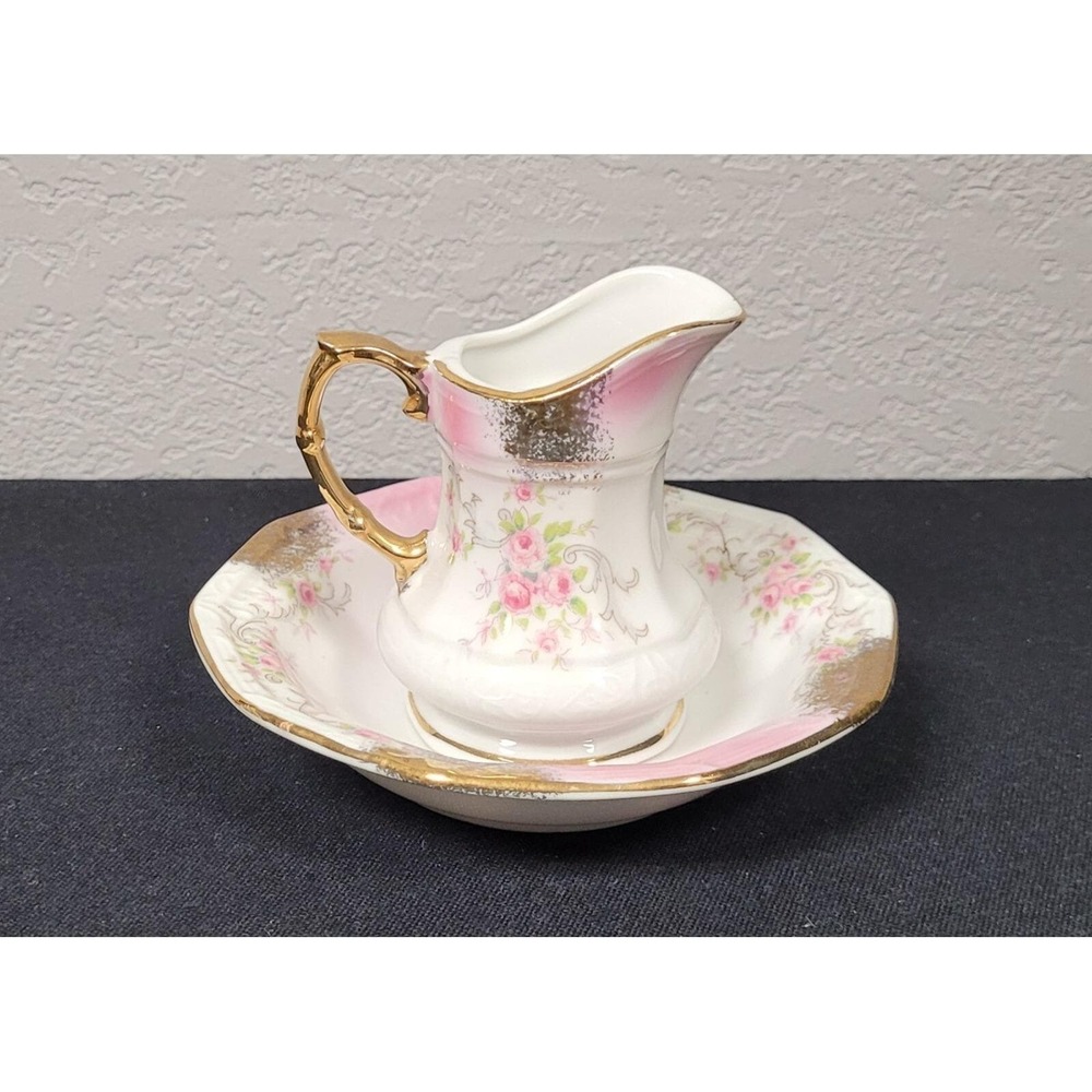 Lefton China #1937 Creamer & Dish Pink Floral Print with Gold Trim